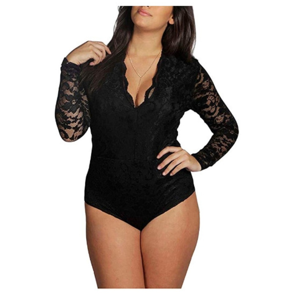 Plus Size Sexy Lace Plunge Neck Bodysuit